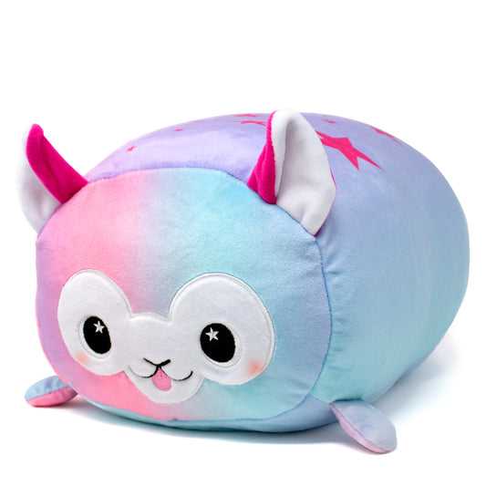 Comet the Alpaca Plushie is a cuddly, round alpaca toy with a celestial magic gradient of pastel blue, pink, and purple. It has big starry eyes, a small pink tongue sticking out, and pointy ears with pink inner accents.