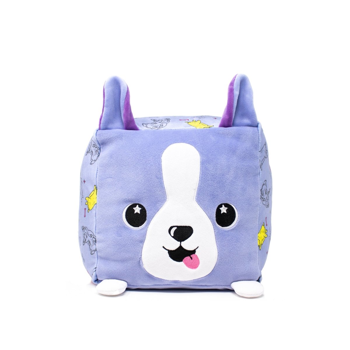 Connie the Corgi Plushie is a plush purple cube with a cartoon corgi face, large eyes, tongue out, and perky ears. Adorned with small yellow and gray animal illustrations, it's a charming cuddly companion that's machine washable for easy cleaning!.