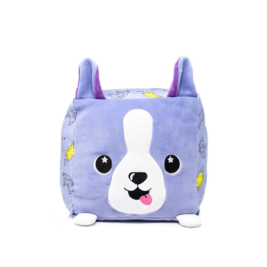 Connie the Corgi Plushie is a plush purple cube with a cartoon corgi face, large eyes, tongue out, and perky ears. Adorned with small yellow and gray animal illustrations, it's a charming cuddly companion that's machine washable for easy cleaning!.