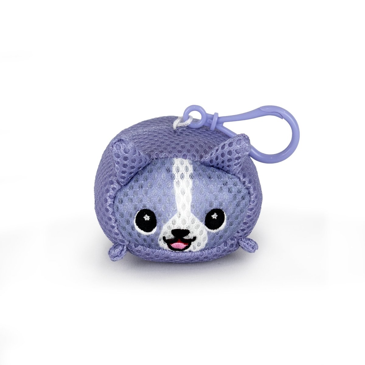Aqua Plush Clip-on Carrie is a small, purple pool plush cat toy with a white facial stripe, black eyes, pink tongue out, and a fast-drying design. It features a purple clip on top for easy hanging or carrying.