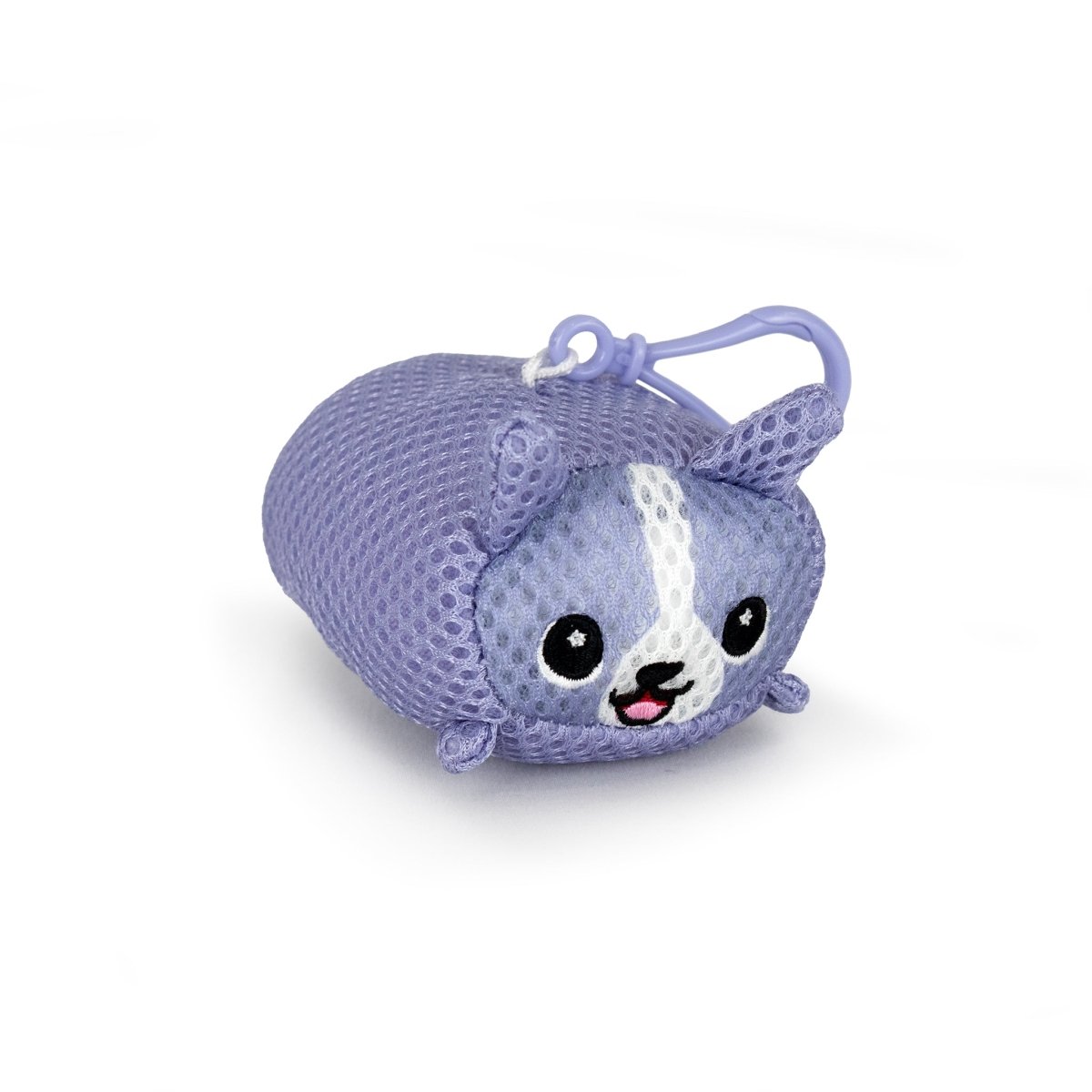Aqua Plush Clip-on Carrie is a small, purple cartoon dog keychain with big black eyes, a white face stripe, pointy ears, and a smile. Made from fast-drying mesh fabric, this pool plush has a plastic clip for easy attachment.
