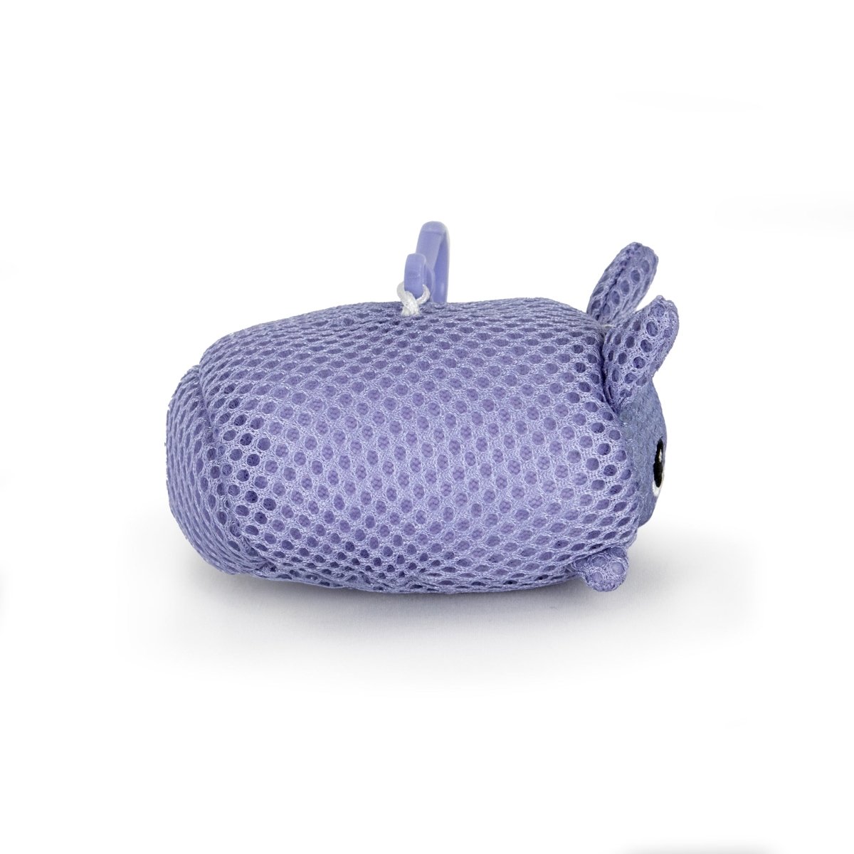 Aqua Plush Clip-on Carrie is a small, purple, mesh-textured bunny plush with short ears and black eyes. Fast-drying and featuring a top clip, it's ideal for bath time or attaching to bags.