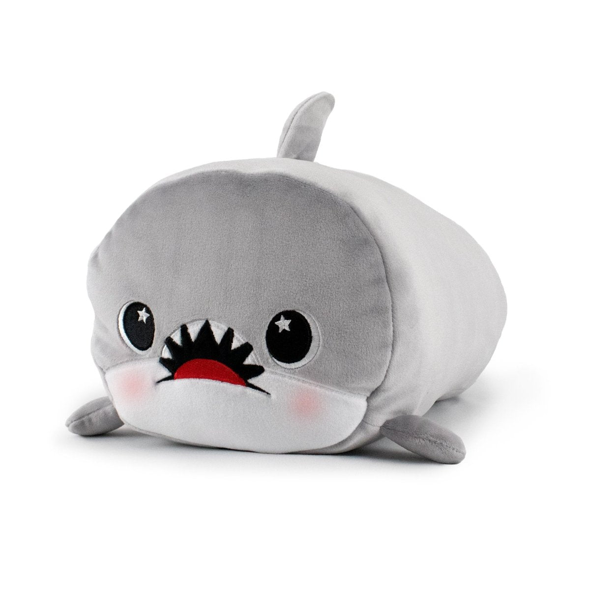 Crush the Gray Shark Plushie: A plush toy shaped like a gray shark with a cute expression, featuring large round eyes with star highlights, pink blush on cheeks, a small top fin, and an open mouth showcasing plush teeth.