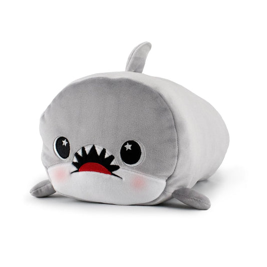 Crush the Gray Shark Plushie: A plush toy shaped like a gray shark with a cute expression, featuring large round eyes with star highlights, pink blush on cheeks, a small top fin, and an open mouth showcasing plush teeth.