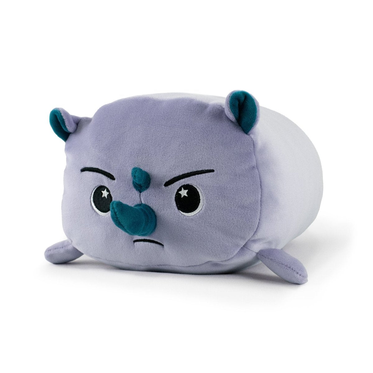 Dane the Rhino is a plush toy with a light purple body, blue ears and horn, starry eyes, and a cute, slightly grumpy cartoon expression.
