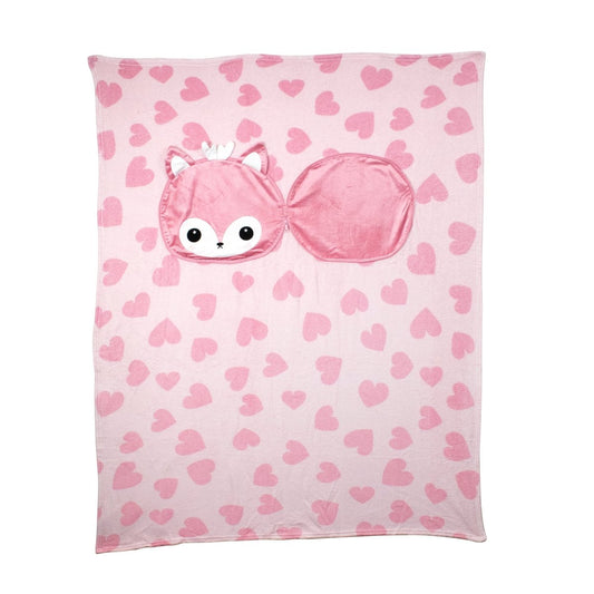 A pink kids fleece blanket with dark pink hearts, featuring a hood shaped like Doe the Deer’s face with ears, big eyes, and a bow. The hood is attached to one side of this cozy 2-in-1 Pillow Blanket - Doe the Deer.