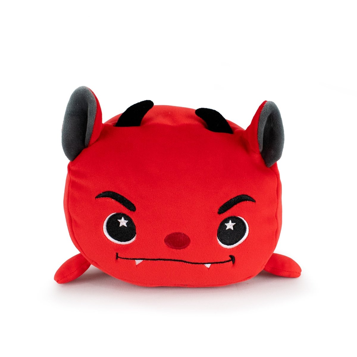 Demian the Demon is a plushie shaped like a red devil with black horns, gray inner ears, starry eyes, fangs, and a mischievous smileโmaking it the perfect cuddly bedtime companion, displayed on a white background.