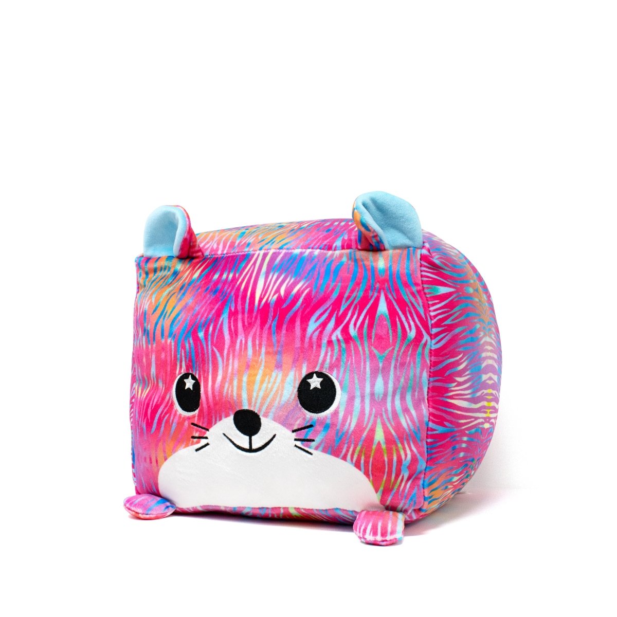 Diego the Tiger Plushie is a vibrant, cube-shaped toy with a whimsical design. It has a cute face, starry eyes, whiskers, and fur in pink, blue, and yellow hues for sensory softness and cuddly charm.
