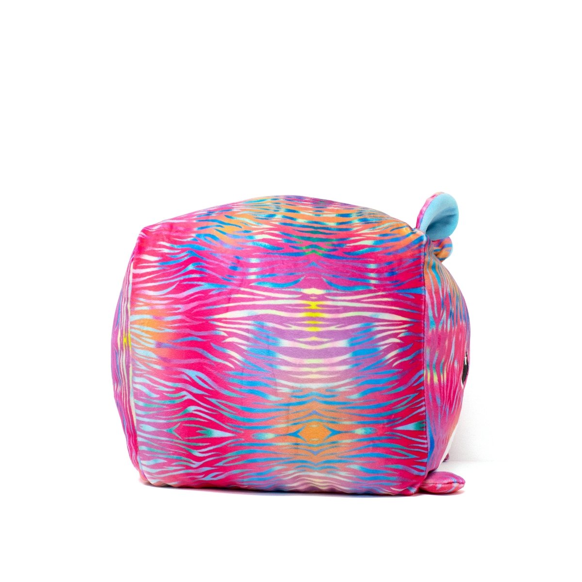 The Diego the Tiger Plushie is a cubed, brightly colored toy with pink, blue, yellow, and orange stripes. It has small ears and a white background, offering a sensory-soft feel that invites cozy hugs.