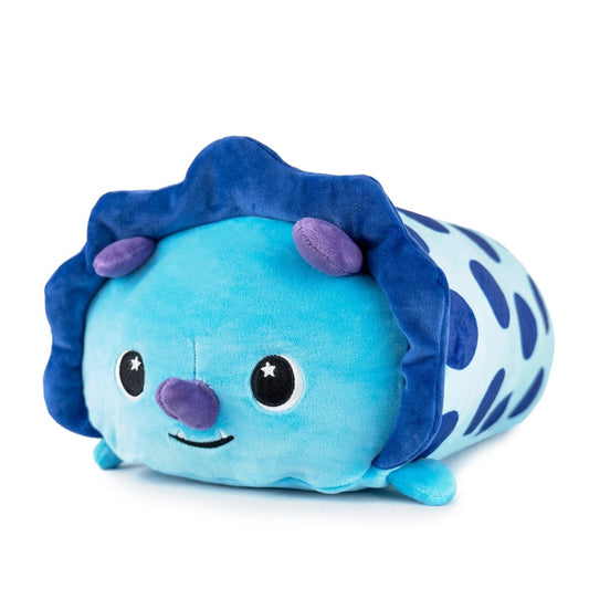 Experience ultimate sensory softness with the Limited Edition Bundle - 4 Pack of Moosh-Moosh plushies, featuring a cute blue caterpillar design with a smiling face, purple nose, ruffled collar, and four tiny legs.
