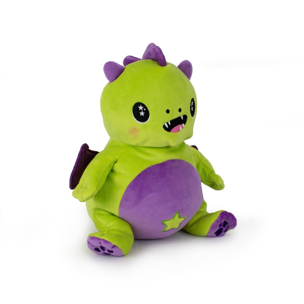 The Starlight Drac 2-in-1 Travel U-Neck Pillow is a cute dragon plush with green and purple colors, star-shaped eyes, small wings, and a star on its belly—perfect as an adorable travel pillow companion.