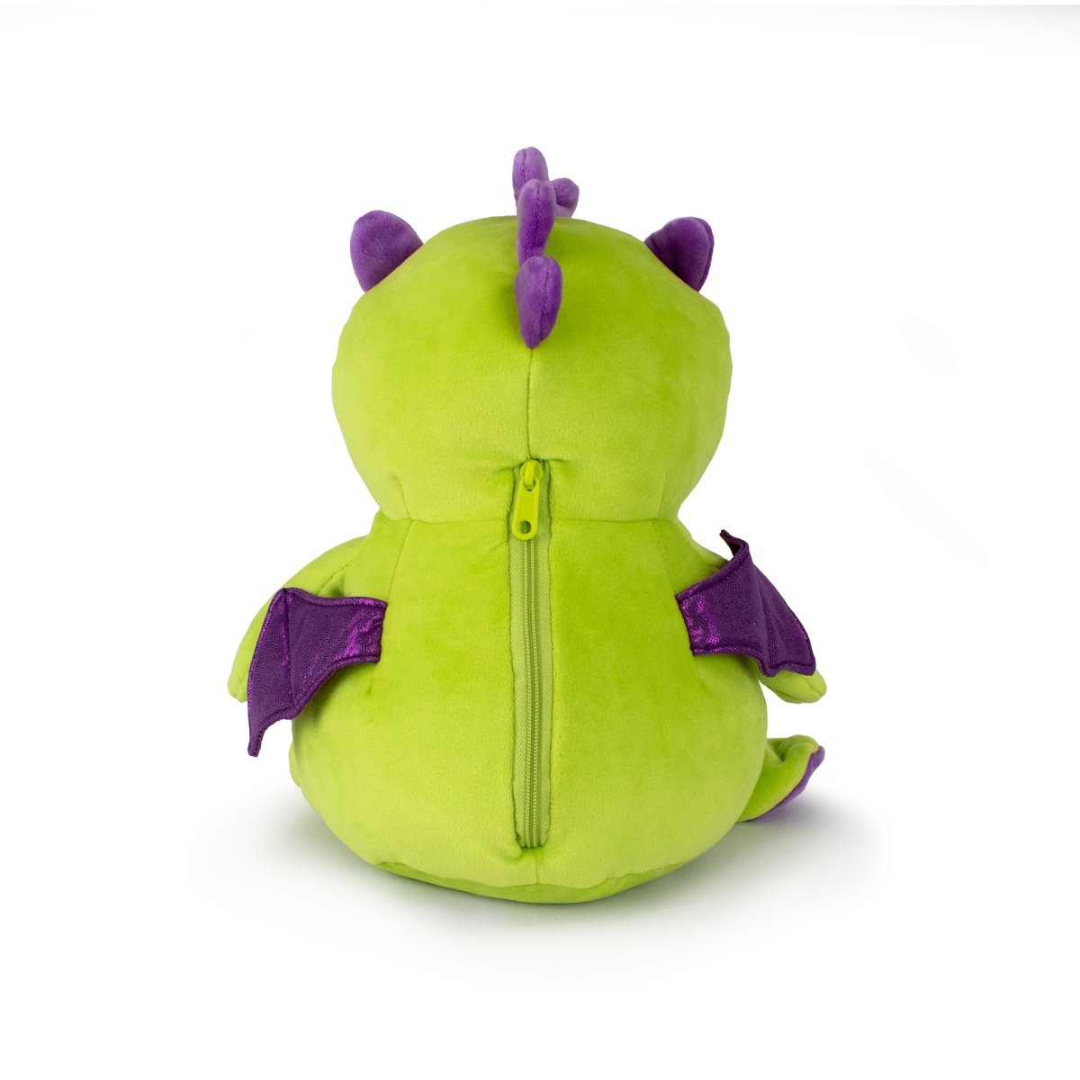 The Starlight Drac 2-in-1 Travel U-Neck Pillow, a green plush dragon from the Starlight Buddy collection, is shown from the back with a closed zipper, small purple wings, purple ears, a purple crest, and sits on a white background.