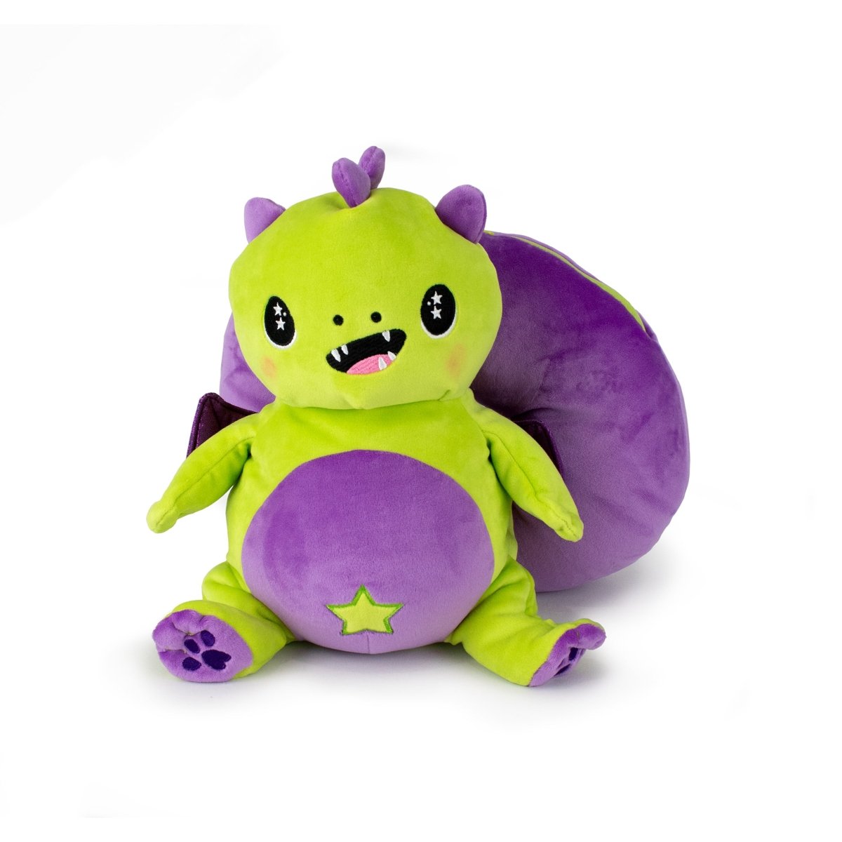Starlight Drac 2-in-1 Travel U-Neck Pillow, a plush toy shaped like a smiling green and purple dragon with star details, wing-like arms, and curled tail, sits upright on a white background—perfect as a unique travel pillow.
