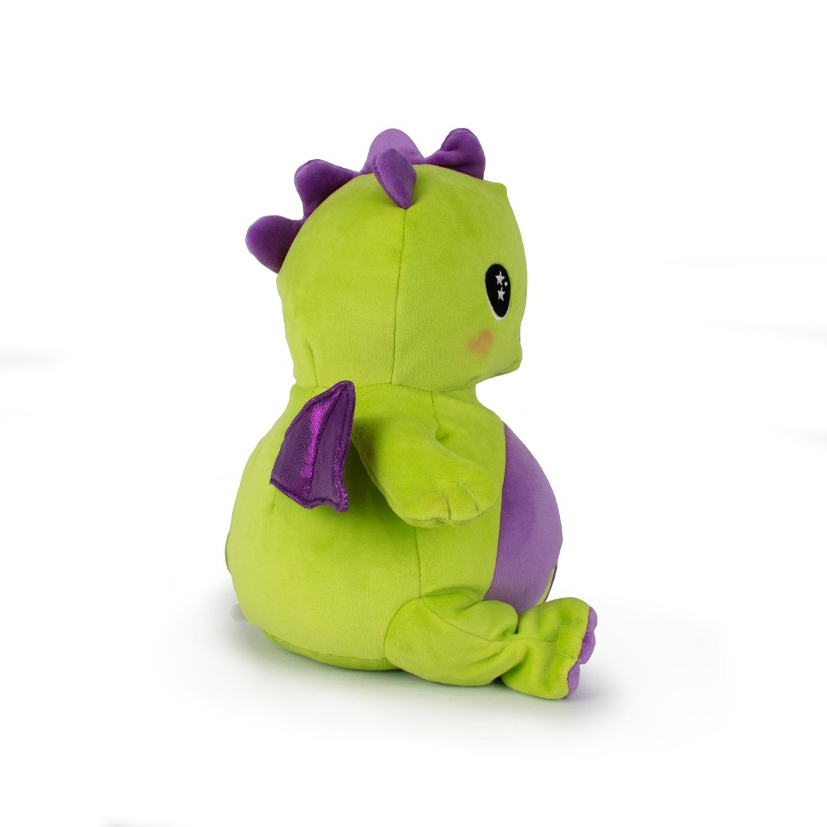 The Starlight Drac 2-in-1 Travel U-Neck Pillow is a green and purple plush dragon, sitting upright and facing left, with black eyes with star highlights, purple wings, spines on its head, and a round belly—your cutest travel companion.