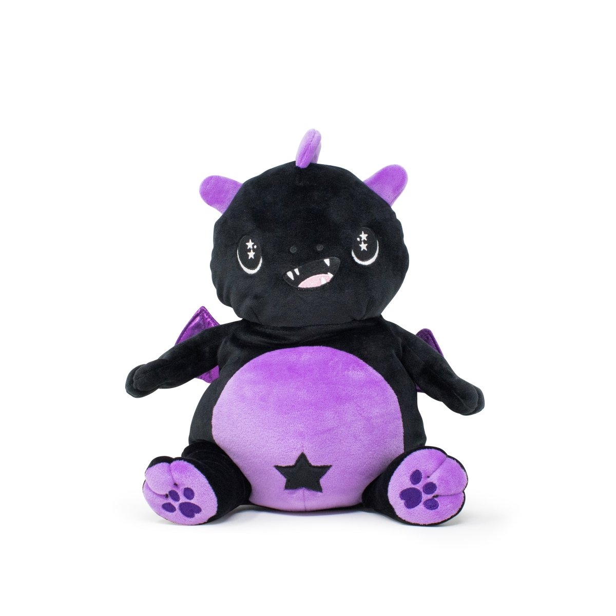 Kai the Dragon Plushie Starlight Buddy is a charming black and purple stuffed dragon with starry eyes, purple horns and wings, a big smile, purple paws, and a star on its belly, set against a white background.
