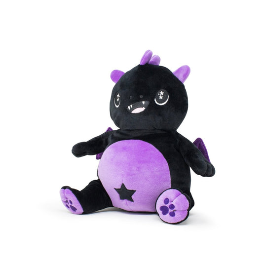Kai the Dragon Plushie Starlight Buddy is a cute stuffed animal with a black body, purple belly, bright eyes, small wings, and star details. It has an endearing smile and cartoonish appearance.