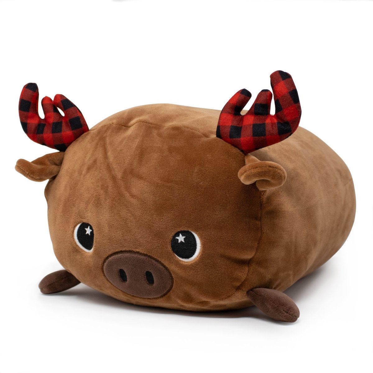 Eduard the Moose Plushie is a cute, chubby animal plush with brown fur, small ears, a round nose, large eyes, and red and black checkered antlers resembling a stylized moose or deer.