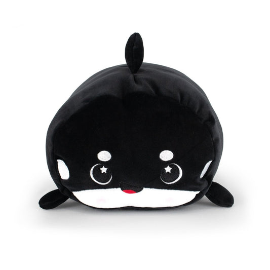 Fausto the Orca is a round, plush toy designed to look like a black and white orca whale, featuring a smiling face, starry eyes, a small dorsal fin on top, and flipper-like arms on each side.