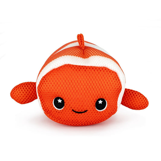 The Aqua Moosh-Moosh Finster is a plush toy shaped like an orange clownfish with white stripes, black starry eyes, and a smiling face, displayed against a white background.