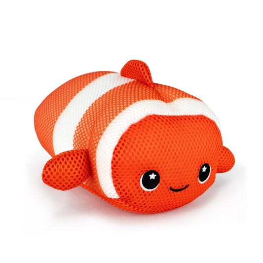 Aqua Moosh-Moosh Finster is a plush toy shaped like a smiling orange clownfish with white stripes, small fins, and big eyes with star-shaped highlights. It features a soft mesh-like fabric for cuddly comfort.