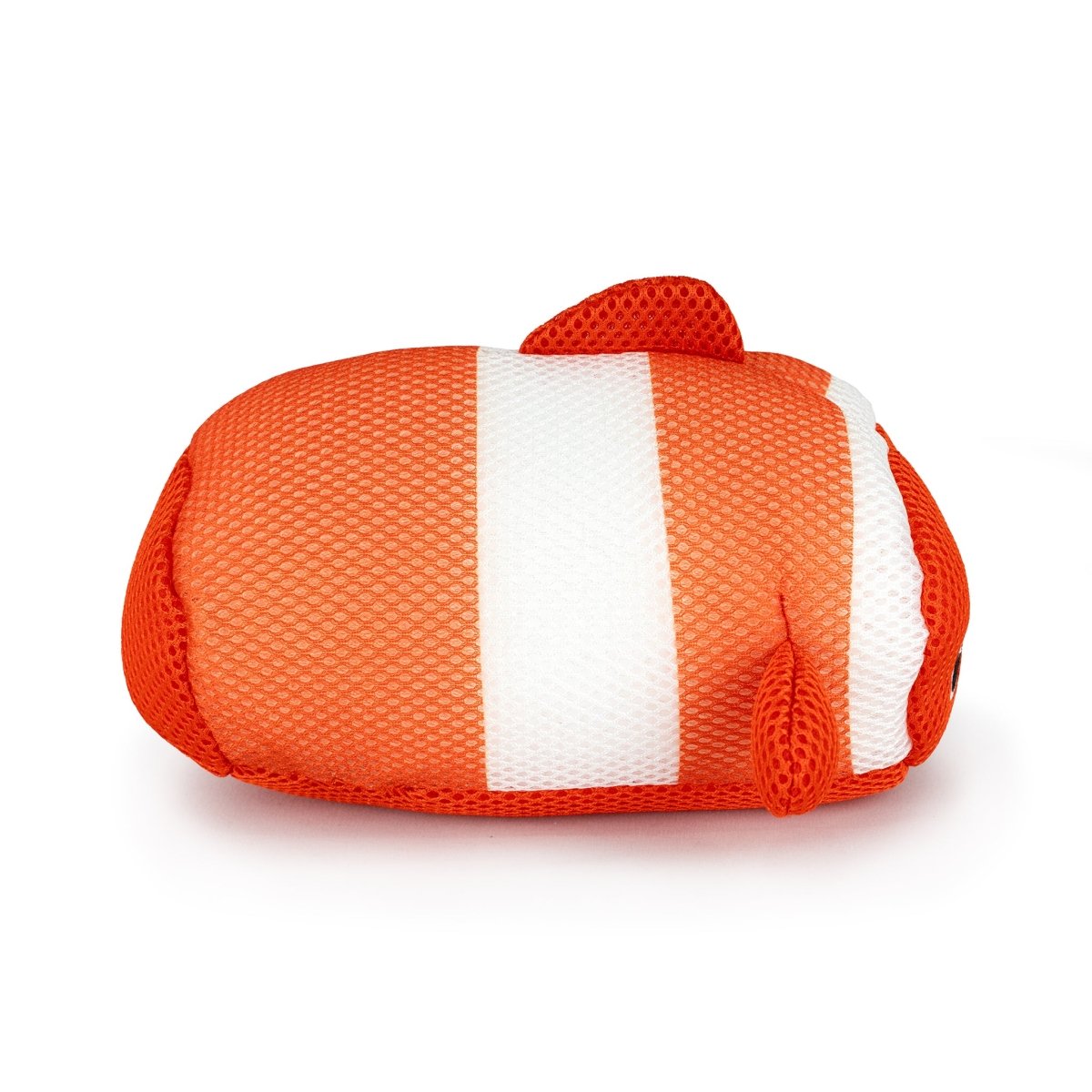 The Aqua Moosh-Moosh Finster is a soft, orange plush toy with white stripes and small fins, designed to look like a clownfish.