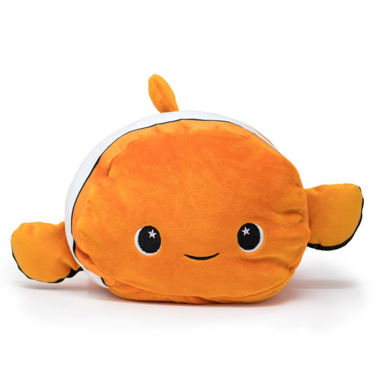 Finster the Clown Fish Plushie is a cuddly toy resembling an orange clownfish with white stripes, a smiling face, starry eyes, and two small side fins—perfect for snuggles.