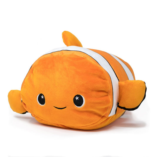 The plushie, named Finster the Clown Fish, features a rounded body with an orange clownfish design adorned with white stripes. It rests on a white background, showcasing its small fins and a smiling face with starry eyes.