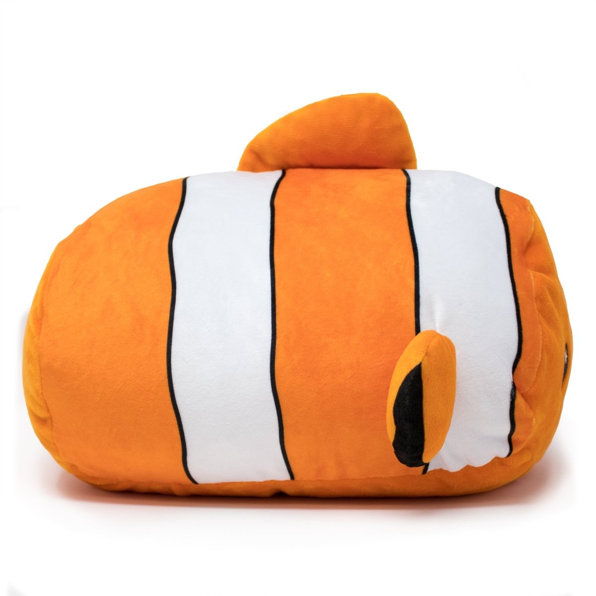 Snuggle up with Finster the Clown Fish Plushie, featuring vibrant orange colors, white stripes, and black outlines. Its unique rectangular shape with a rounded top and side fins make it irresistibly cuddly.