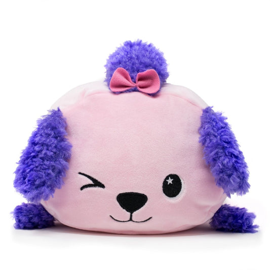 Francine the Poodle Plushie is an adorable round plush toy with a pink body, soft purple fluffy ears, featuring a winking face, small black nose, pink bow on top, and purple pom-pom against a white background.