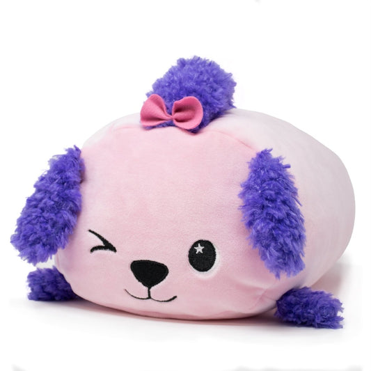 Francine the Poodle Plushie is an adorable, round, pink dog featuring purple, fluffy ears and tail. Its winking embroidered face with a tiny bow on its head and a sparkling star detail in its eye make it irresistibly cute.