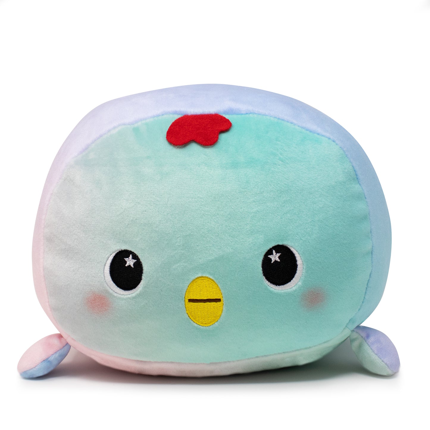 Frederick the Chick Plushie is a cute, round stuffed toy that resembles a chicken. It has a light blue body, red comb, small yellow beak, and large black eyes with starry reflections. Its soft pastel appearance includes light pink wings, making it a cuddly cutie.