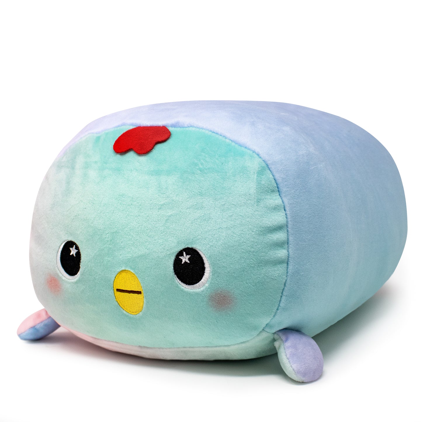 Frederick the Chick Plushie is a cute, pastel-colored bird toy featuring a turquoise body, small pink wings, and a round yellow beak. This cuddly plush has big starry eyes and a red crest on its head, with an irresistibly soft texture.