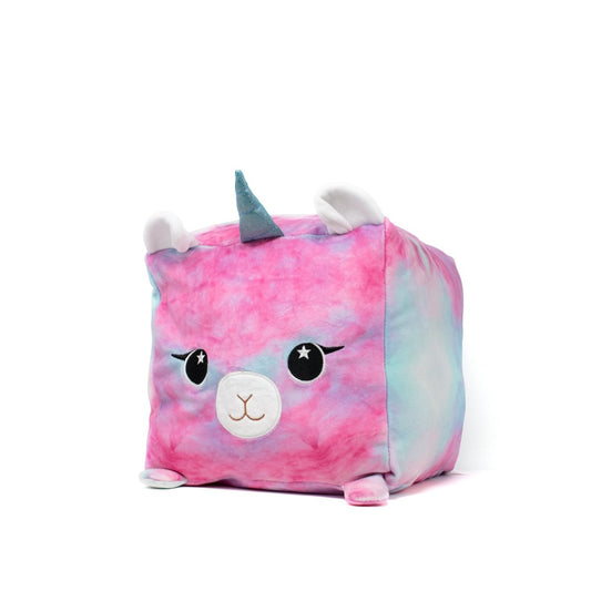 Gaia the Llamacorn Plushie is a soft, cube-shaped pillow with pastel pink and blue tie-dye, a unicorn face, blue horn, white ears, and four legs—perfect for magical cuddles and sensory comfort.
