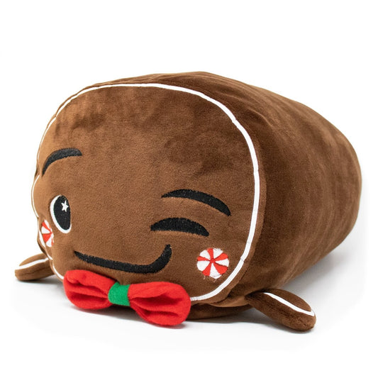 Gingersnaps the Gingerbread Plushie is a cute, cookie-shaped plush with a winking face, smiling mouth, red bow tie, candy-decorated cheeks, and embroidered details on soft brown fabric—perfect for the holidays.