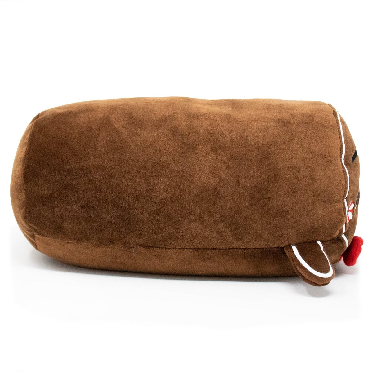 Gingersnaps the Gingerbread Plushie is a plush brown pillow shaped like a bread loaf with simple features, small ears, and a red nose—perfect for holiday plushie collections.