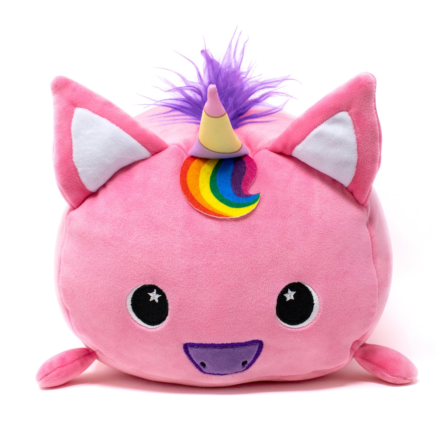 Glitzy the Pink Unicorn Plushie is an adorable plush toy with a rainbow horn, purple mane, large eyes with star reflections, and small legs for a whimsical look.