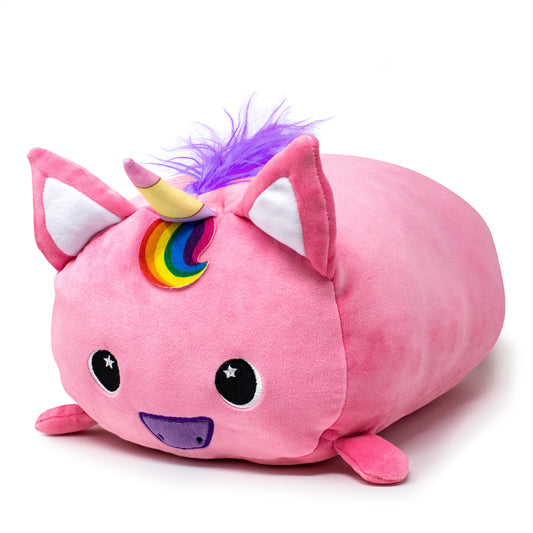 Glitzy the Pink Unicorn Plushie: A cute plush toy shaped like a pink unicorn with a rainbow mane, purple horn, large starry eyes, small smile, and fluffy purple tail. The unicorn is lying on a white background.