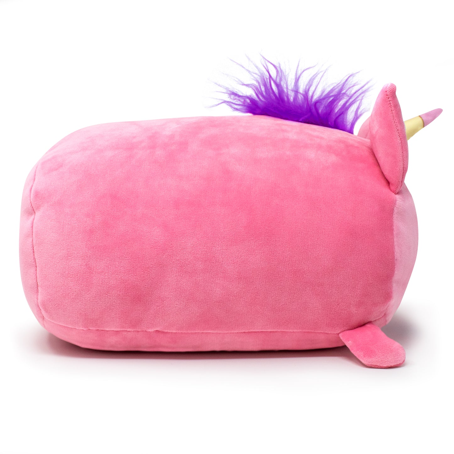 Glitzy the Pink Unicorn Plushie is an adorable, plush pillow shaped like a rounded unicorn with a purple mane, golden horn, and pink ears, featuring a soft, velvety texture perfect for cuddling.