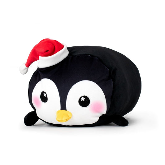 Gwen the Holiday Penguin, a plush toy with rosy cheeks and a small yellow beak, made from ultra-soft materials and wearing a red and white Santa hat, lies on a white background.
