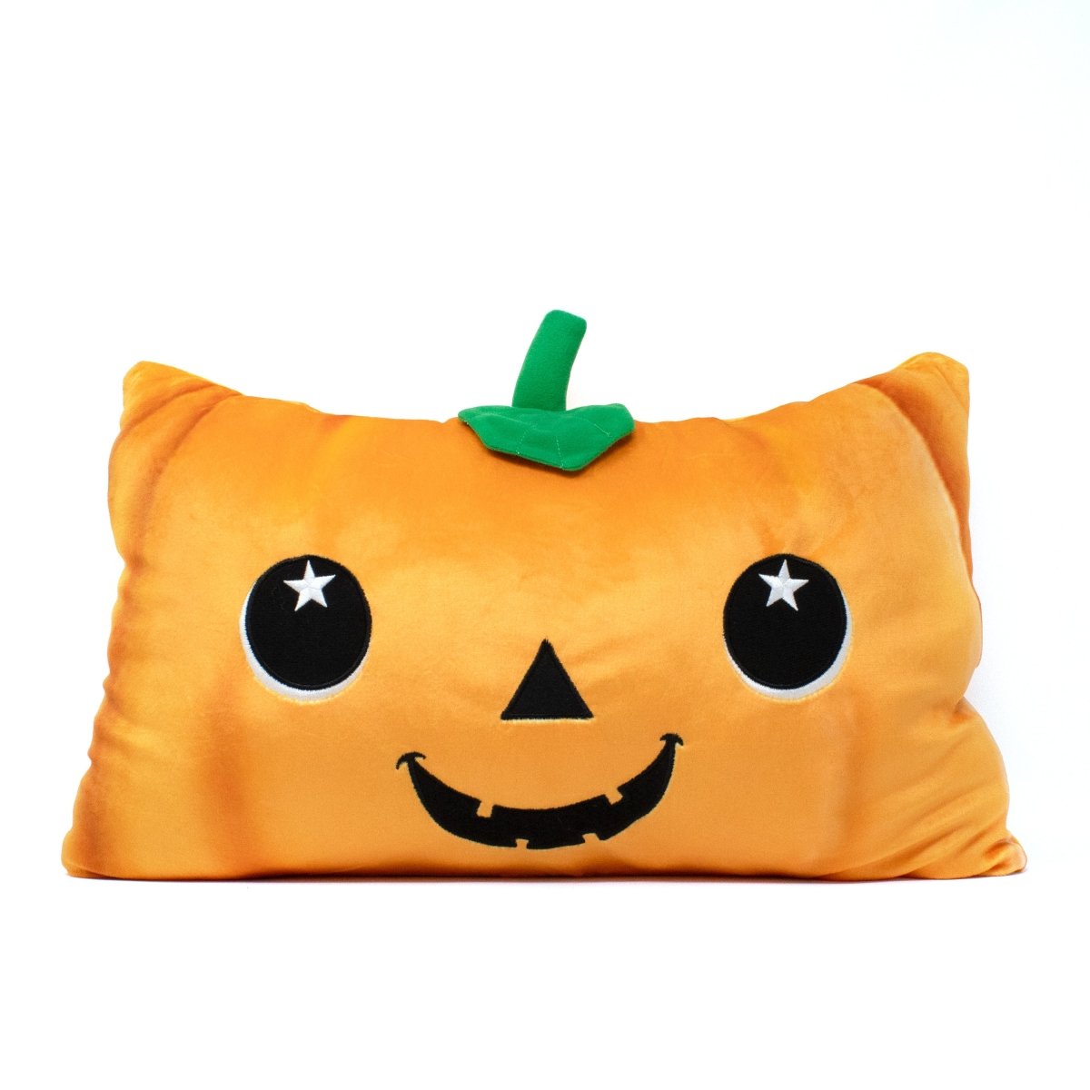 Burton the Pumpkin Halloween Pillow is a rectangular orange plush with a smiling jack-o'-lantern face, black eyes with white stars, and a green stem and leaf—perfect festive decor from the Moosh-Moosh Spooky Series.