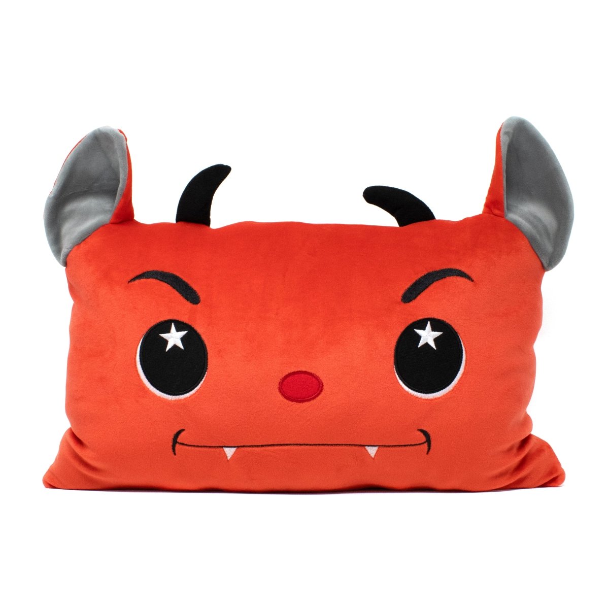 The Demian the Demon Pillow is a plush toy featuring a cute red monster face with black cartoon eyebrows, a small red nose, and a mischievous smile with two white fangs, completed by small black horns and gray ears.