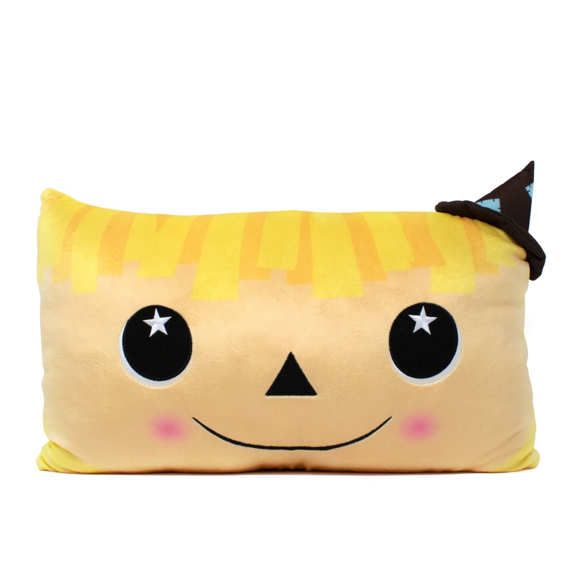 Hazel the Scarecrow Halloween Pillow is a rectangular plush with a cartoon face, starry eyes, rosy cheeks, yellow hair, blue-patched hat, and a big smile—ideal as festive harvest decor or a cozy bedtime companion.