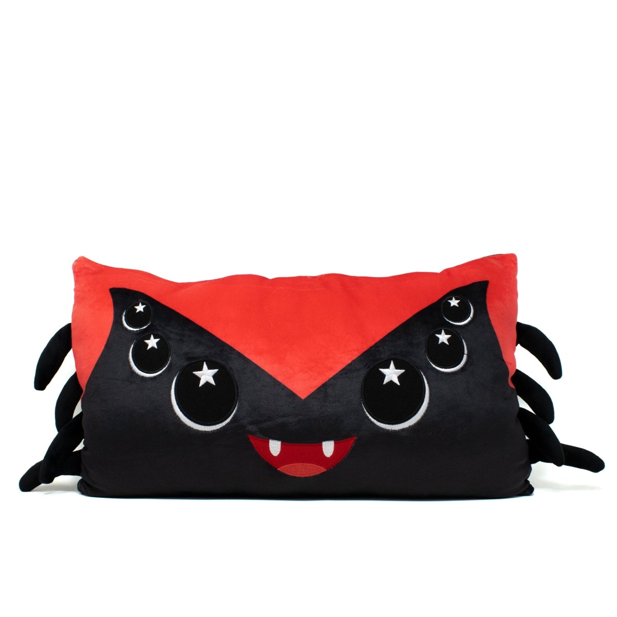 The Muffet the Spider Halloween Pillow is a rectangular plush pillow from our Spooky Series, featuring a cute black and red spider with big eyes, fangs, a smiling mouth, star accents, and multiple soft legs—perfect for bedtime cuddles.