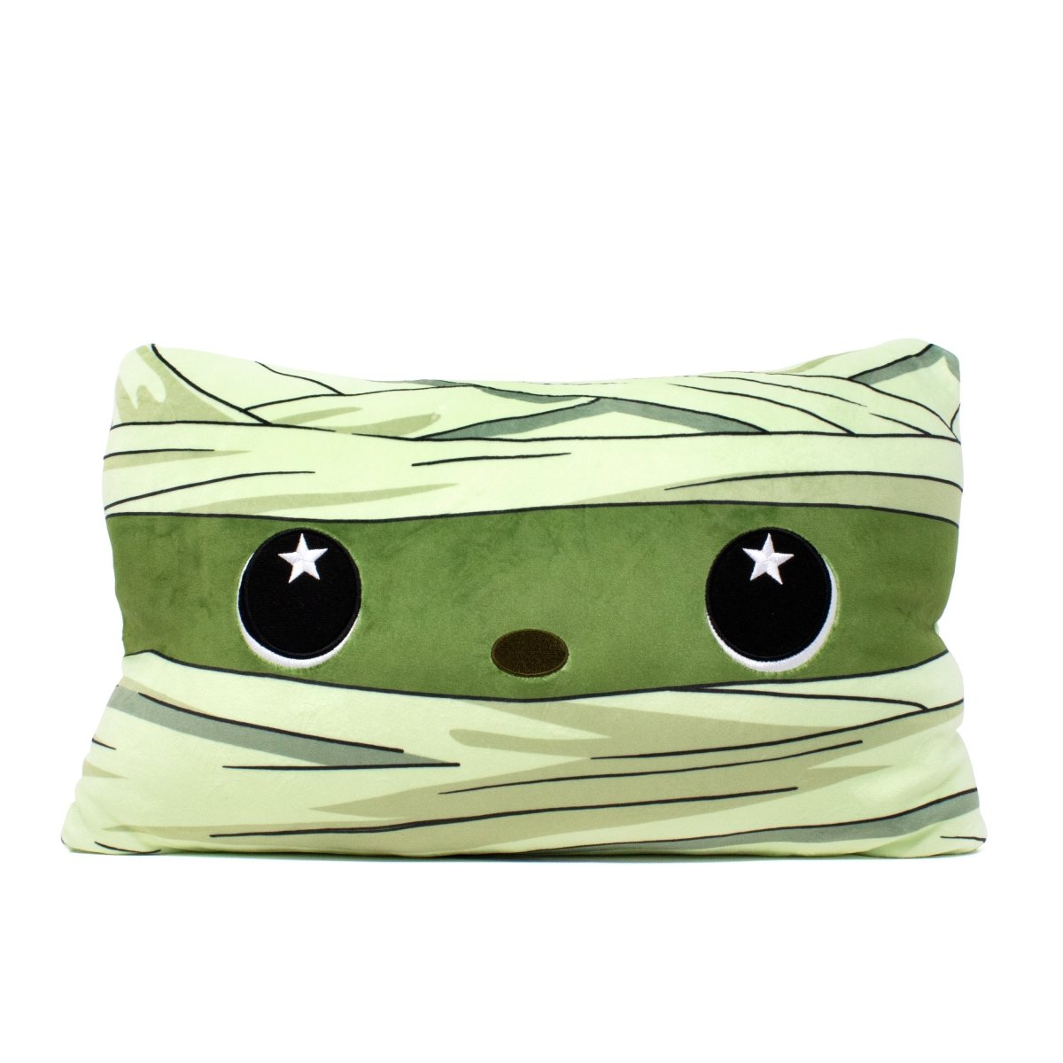Ramses the Mummy Halloween Pillow is a rectangular plush with big, round black eyes featuring white star highlights, a small brown oval nose, and green and beige bandage details—perfect for any spooky series collection.