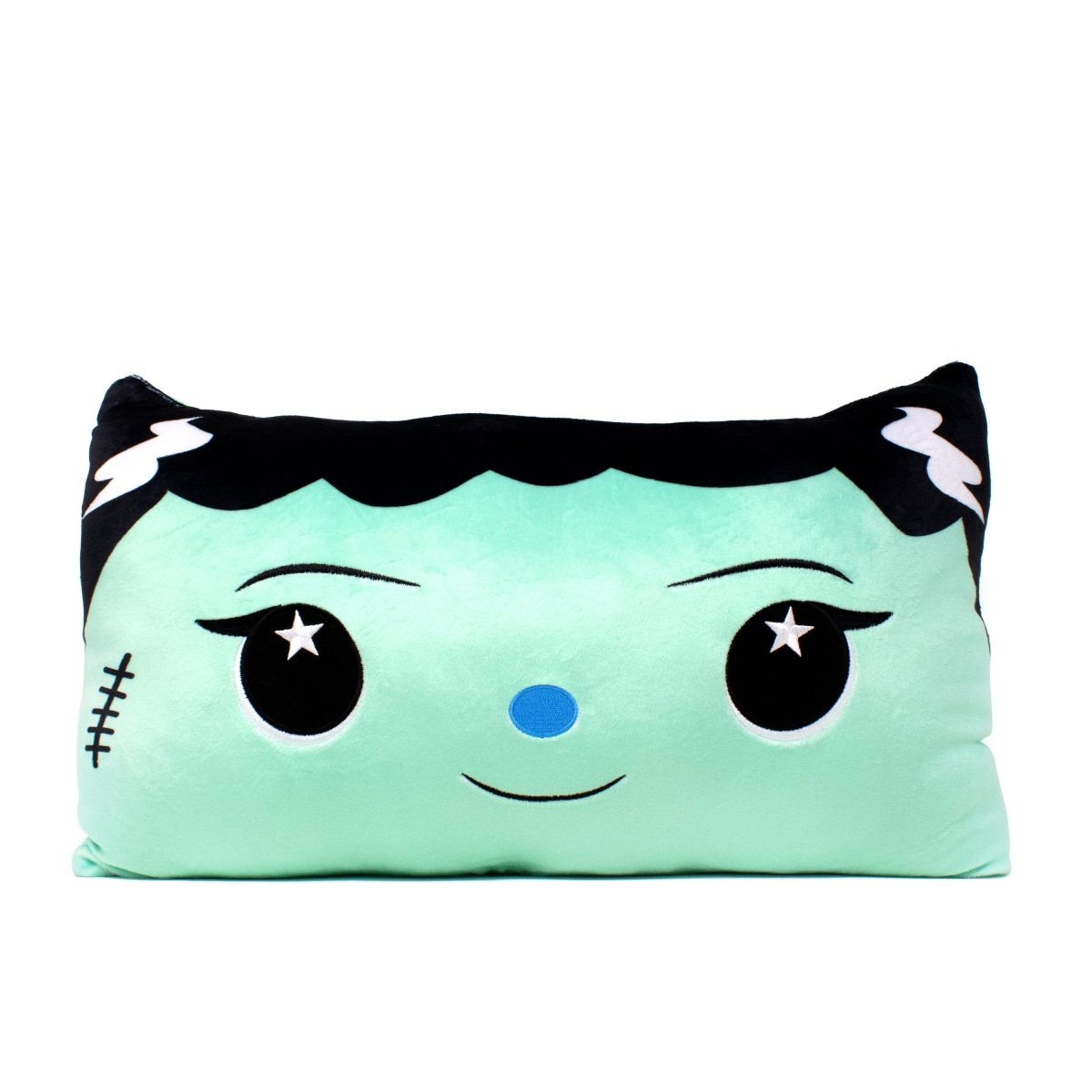 The Shelley Frankenstein Halloween Pillow is a mint-green, irresistibly soft rectangular plush toy featuring a cute design with large black eyes like stars, a small smiling mouth, and black hair highlighted by white lightning bolts.