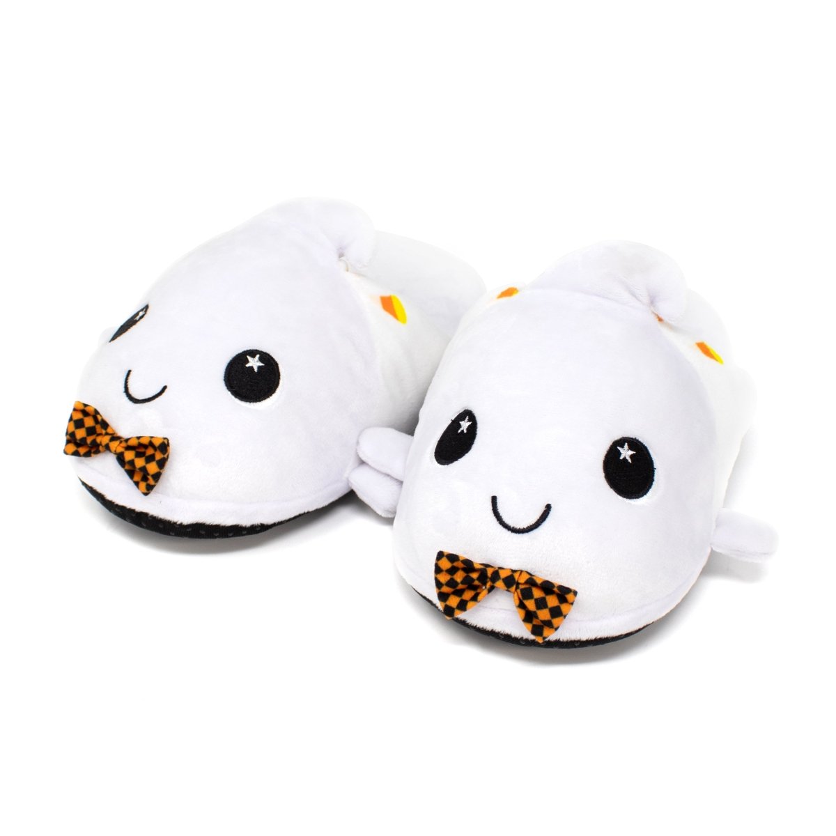 Boo the Ghost Halloween Slippers are adorable white plush slippers shaped like smiling ghosts with black-eyed faces and orange and black checkered bow ties, featuring dark soles and soft, fuzzy fabric for a cozy stuffed animal feel.