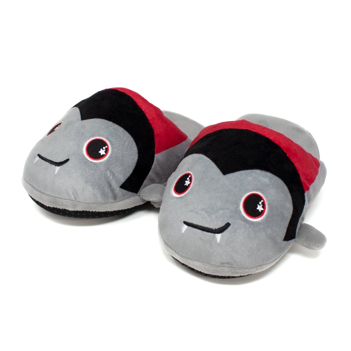 Bram the Vampire Halloween Slippers are plush gray slippers styled as cute cartoon vampires with black hair, red bands, pointy ears, starry round eyes, and smiling mouths with fangsโperfect for cozy Halloween wear.