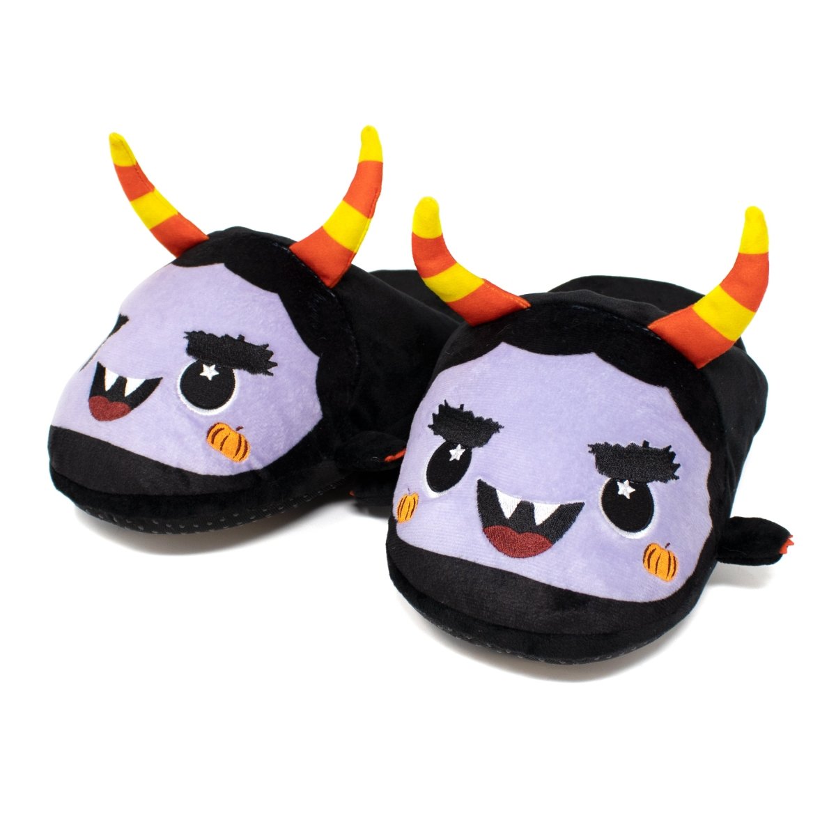 Fang the Monster Halloween Slippers are cozy, non-slip indoor slippers with cartoon faces, purple skin, black hair, and yellow-and-red striped horns—perfect for a cute monster or demon look this Halloween.