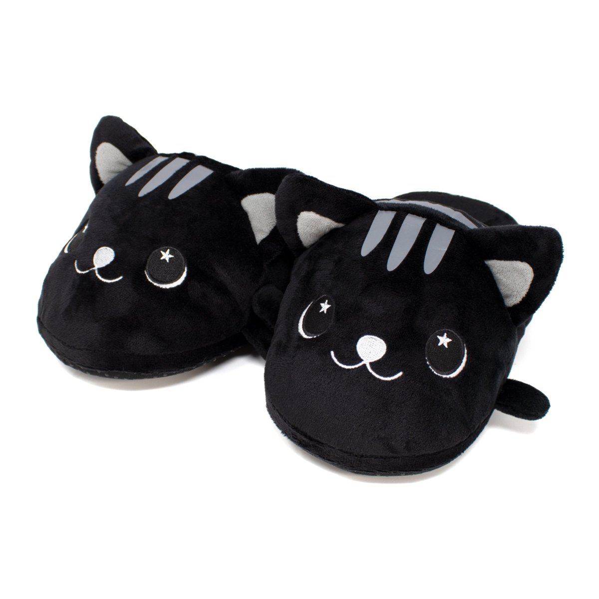 The Fortune the Cat Halloween Slippers are plush, cartoon-style black slippers featuring embroidered facial features like smiling mouths and stars in their eyes. They resemble cozy plush toys and have gray stripes on the forehead and ears.