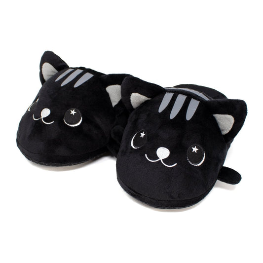 The Fortune the Cat Halloween Slippers are plush, cartoon-style black slippers featuring embroidered facial features like smiling mouths and stars in their eyes. They resemble cozy plush toys and have gray stripes on the forehead and ears.
